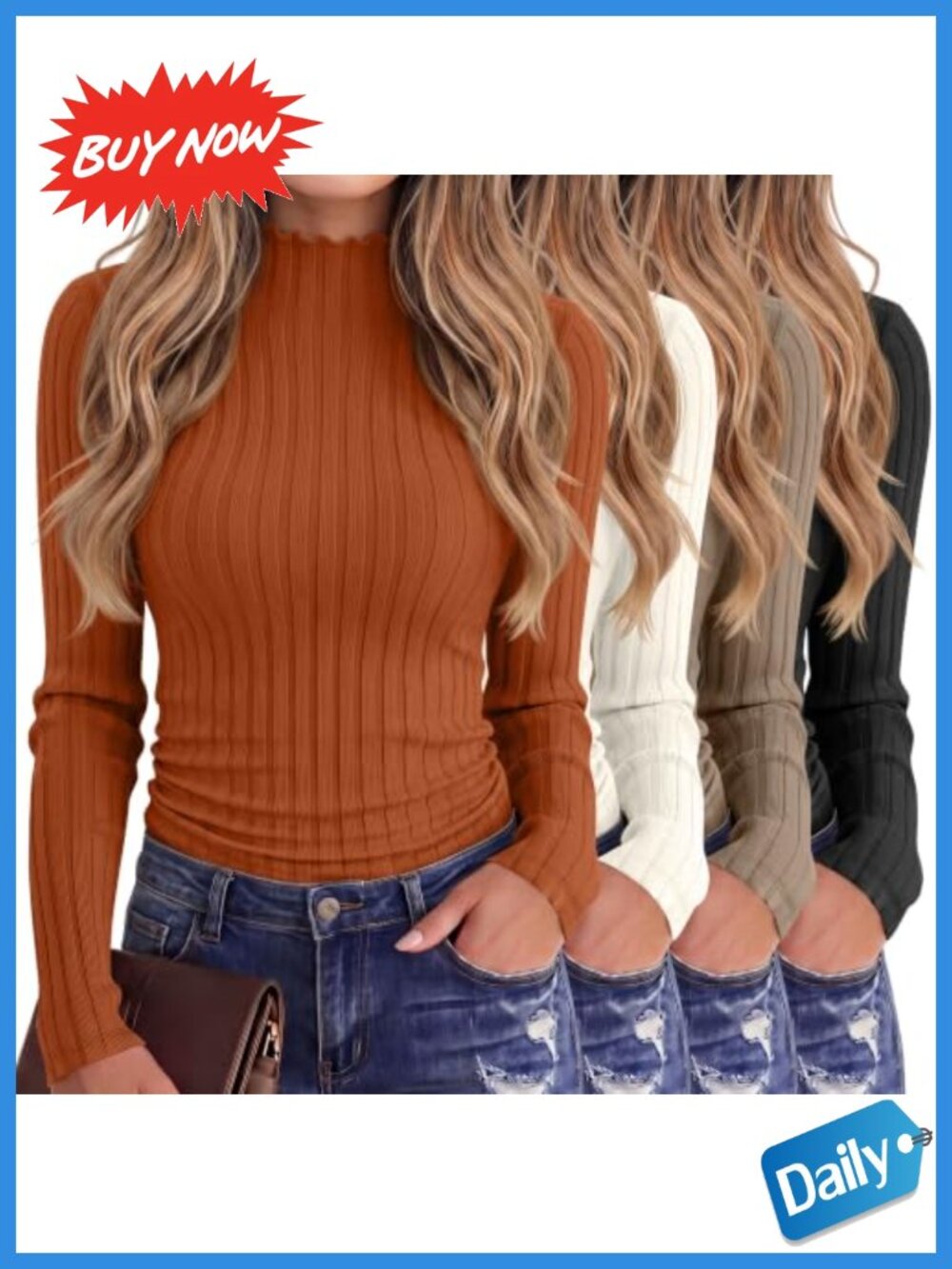Mock Turtleneck Ribbed Lettuce Trim Long Sleeve Fitted Layering Tops